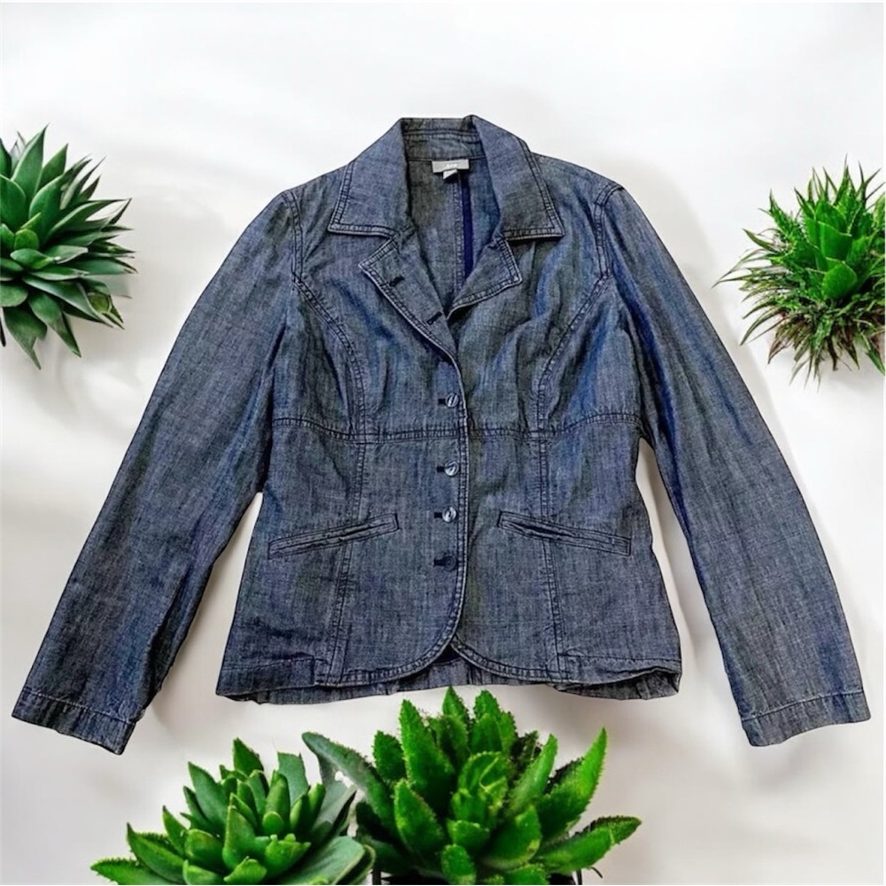 J JILL Pleat Peplum Jean Denim Jacket Blue Cotton Standup Size 4
